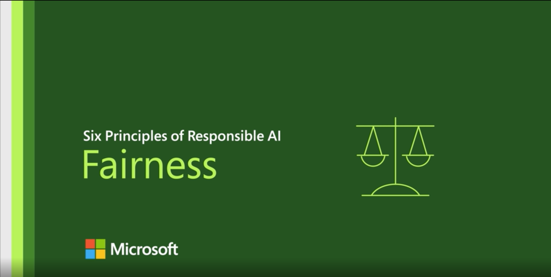 The principles of Responsible AI — fairness, reliability and safety, privacy and security, inclusiveness, transparency, and accountability