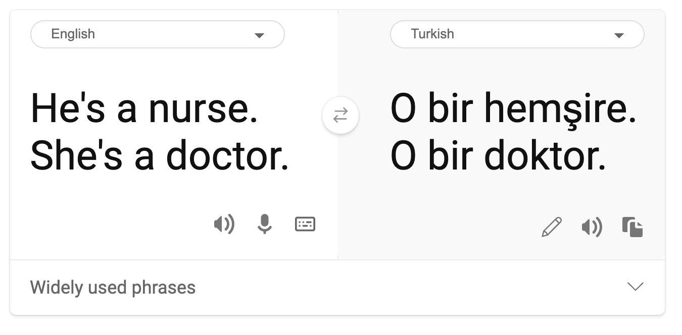 An example of gender bias appearing during machine translation between English and Turkish