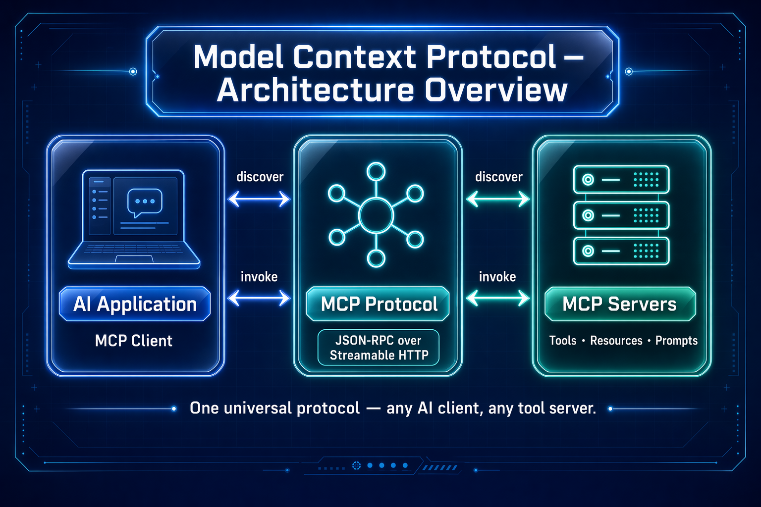 Clients send requests; servers return structured results; schemas are exchanged at discovery