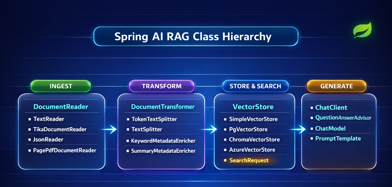 Spring AI's four-stage RAG class hierarchy with swappable parts