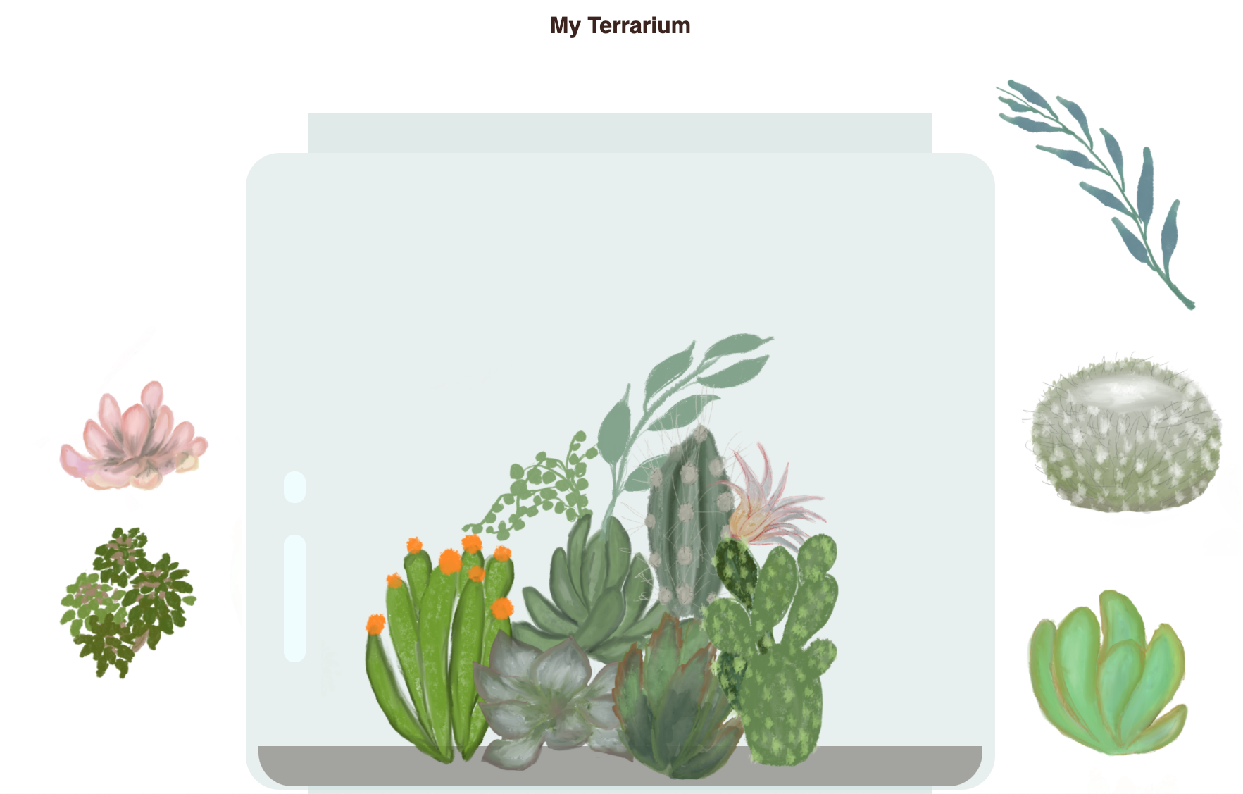 The finished terrarium project with draggable plants